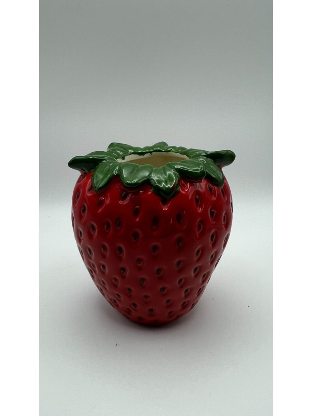 Strawberry Shaped Ceramic Vase Hand-Painted Red & Green Whimsical Fruit-Inspired